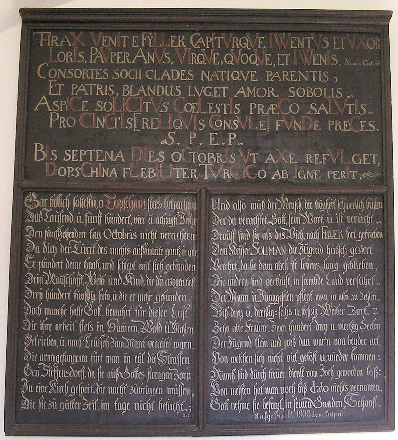 Kópia - Pamätná tabula v ev. kostole z rokov 1584 – 1627 a obnovená dňa 15.4.1900 - kópia